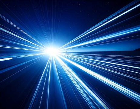Abstract perspective of bright light and streaking motion against blue