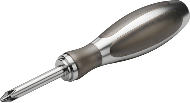 Closeup of a silver phillips head screwdriver isolated on transparent background