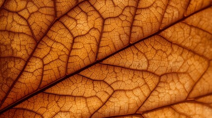 Detailed macro photograph of an autumn leaf showing intricate vein structure and rich orange-brown texture, capturing the delicate natural pattern and organic beauty of seasonal foliage in high defini