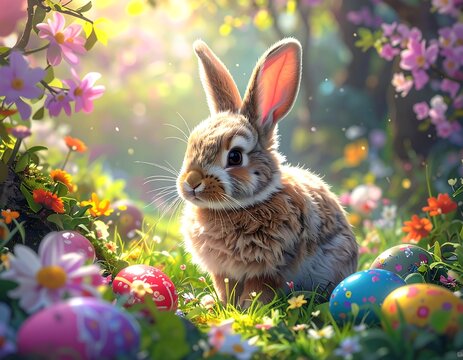 Adorable bunny in a flower-filled meadow surrounded by colorful Easter eggs