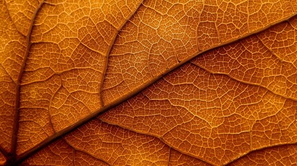 Detailed macro photograph of an autumn leaf showing intricate vein structure and rich orange-brown texture, capturing the delicate natural pattern and organic beauty of seasonal foliage in high defini