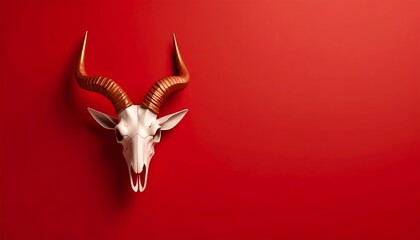 Fototapeta premium Striking antelope skull with golden horns against a vibrant red backdrop
