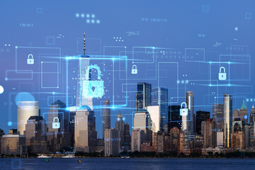 New York skyline with holographic security padlock icons superimposed, against dusk cityscape background. Cybersecurity and technology concept. Double exposure