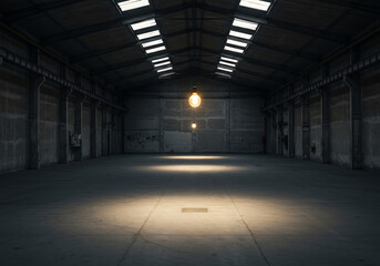 Dark and empty industrial warehouse interior with a glowing light bulb. Moody factory hall with a concrete floor and symmetrical perspective. Minimalist architectural background