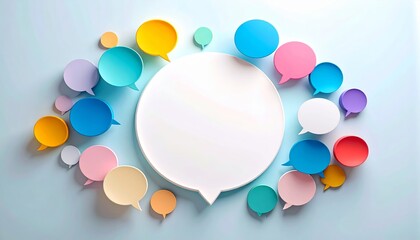 Vibrant Communication: Colorful Speech Bubbles Surrounding a Central White Bubble