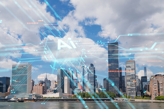 Manhattan skyline with blue and orange holographic data overlay, cloudy sky in background. Urban technology concept. Double exposure