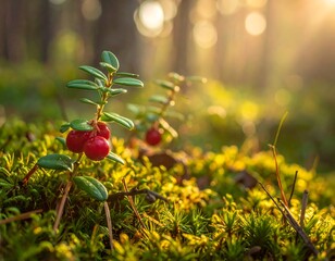 Close-up of vibrant red berries on a forest plant, sunlit moss background