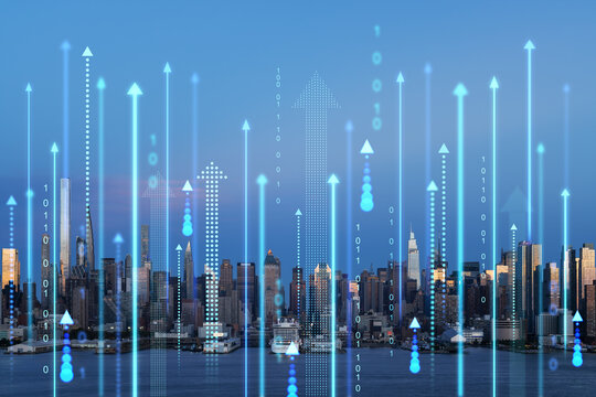 New York City skyline with digital hologram arrows and binary code, conceptual technology and business background. Double exposure