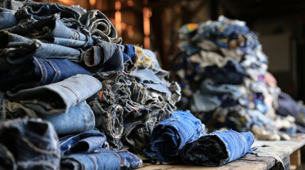 Piles of denim scraps sorted for upcycling and sustainable reuse in workshop with various shades of blue fabric stacked