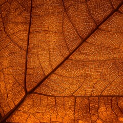Detailed macro photograph of an autumn leaf showing intricate vein structure and rich orange-brown texture, capturing the delicate natural pattern and organic beauty of seasonal foliage in high defini