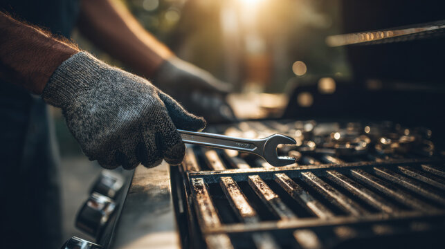 Man wearing protective gloves holding wrench repairing outdoor grill in warm sunlight with focus on tool and grill surface