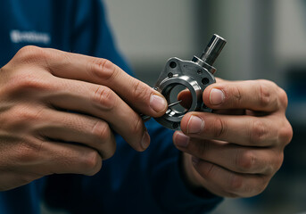 A worker's hands inspecting a precision metal component. Engineer checking a machined part in a factory. Industrial manufacturing and quality control concept