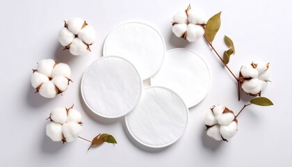 Gentle cleansing concept presenting soft cotton pads arranged with raw cotton plant