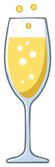 Fototapeta premium Simple cartoon illustration of a champagne flute with golden sparkling wine and fizzing bubbles for a celebration