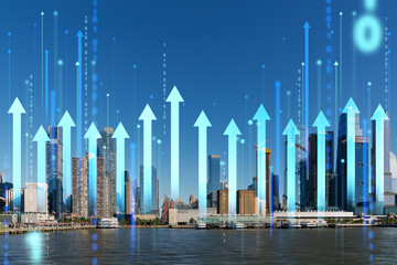 Image of New York skyline with digital arrows and binary code overlay. Concept of business growth and technology in urban cityscape. Double exposure