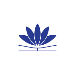 Elegant blue lotus flower symbol unfurling from an open book, representing knowledge, growth, and spiritual awakening in a clean, modern design.