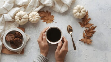 Cozy autumn flat lay with female hands holding a warm cup of coffee surrounded by mini white pumpkins, cookies, a golden spoon, and a dry maple leaf on soft fabric background in warm seasonal atmosphe