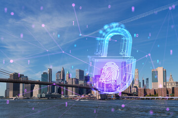 Double exposure of a holographic security concept over the New York City skyline, digital and urban fusion concept. Double exposure