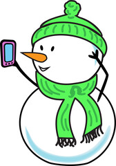 Merry christmas and happy new year .Cute snowman standing with a mobile phone and takes a selfie.on transparent, png