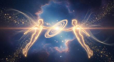 Obraz premium Two Glowing Human Figures Reaching Toward Each Other with Golden Energy Symbolizing Soul Connection and Divine Love JPG