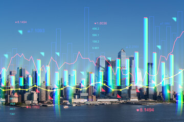 New York cityscape with futuristic hologram graphs overlaid, in photographic style, on a daytime background. Technology and business concept. Double exposure