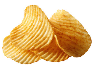 Pile of golden ridged potato chips with wavy texture, isolated on transparent background