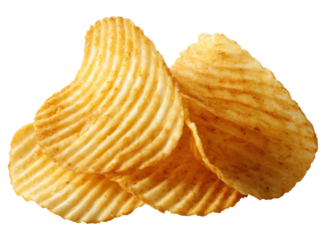 Pile of golden ridged potato chips with wavy texture, isolated on transparent background