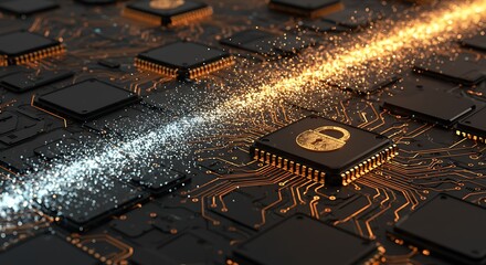 Circuit board with glowing data stream, highlighting a security chip with a lock icon