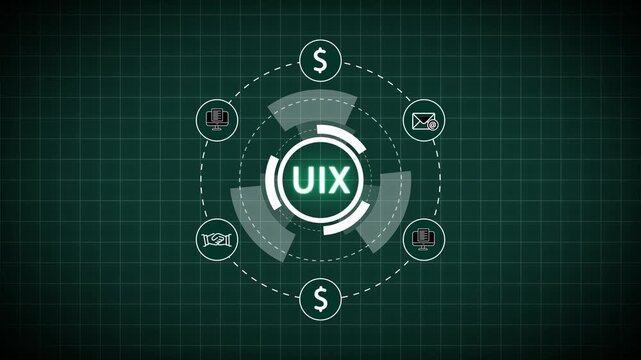 UIX Acronym in Futuristic Digital Interface with Icons on Grid Background Keywords: UIX, acronym, digital, interface, futuristic, technology, user, experience, design, innovation, concept