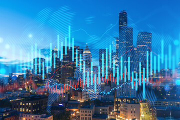 Skyscrapers Cityscape Downtown View, Seattle Skyline Buildings. Beautiful Real Estate. Night time....