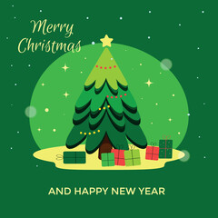 Merry Christmas and happy new year greeting card. Christmas tree with present box on gree background. Vector illustration