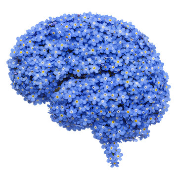 Vibrant brain formed from delicate blue forget-me-not flowers, symbolizing ideas and creativity.