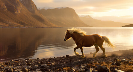 During golden hour, an Icelandic horse runs freely