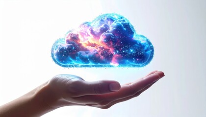 A hand holding a glowing, colorful cloud formation, suggesting cloud computing or digital technology.