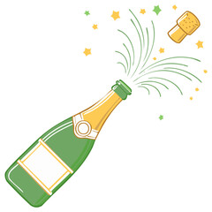 Champagne bottle popping with cork explosion and celebration stars in vector style.