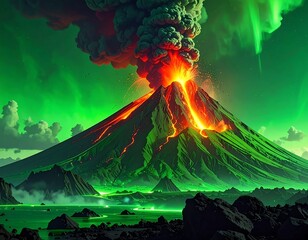 Epic volcanic eruption, with fiery lava, vibrant green clouds and landscape