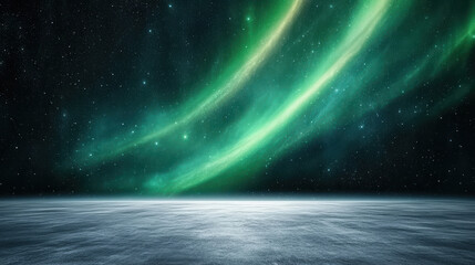Vibrant aurora waves illuminate starry night sky over tranquil ocean surface