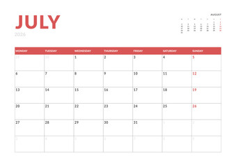 Monthly page Calendar Planner Template design of July 2026. Vector layout of calendar with week start Monday for Scheduling. Page for size A4 or 21x29.7 cm