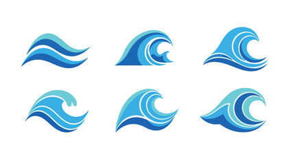 Stylized blue ocean waves in multiple graphic design variations shown