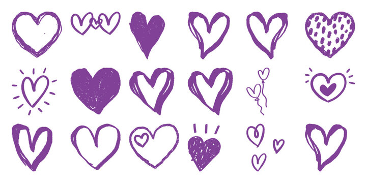 Collection of Hand-Drawn Purple Hearts in Various Styles