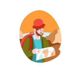 Man with Backpack and Hat Studying a Map Outdoors with Mountains and Ocean in Background Under Orange Sky Detailed Illustration