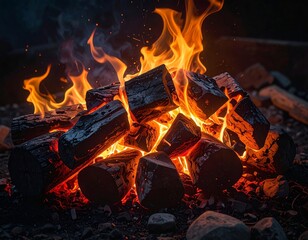 Close-up of burning firewood with bright orange flames