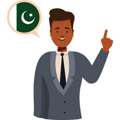 Man wearing a grey suit and tie speaks with the Pakistani flag displayed in a speech bubble illustration