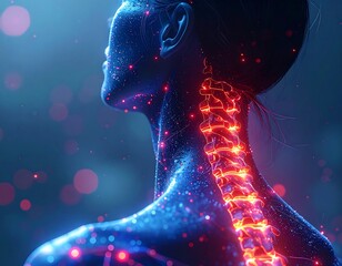 Illuminated human spine and body detail, with particle effects