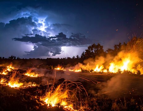 Dramatic scene of lightning and raging wildfires at night