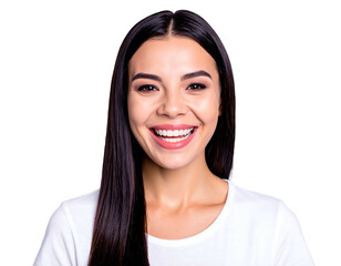 Woman with glossy hair, white tee, beaming broadly, against a dark background, showcasing a happy and positive expression