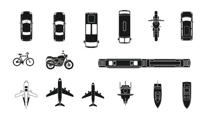 Top down view of various transportation vehicles including cars and aircraft
