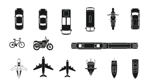 Fototapeta Top down view of various transportation vehicles including cars and aircraft