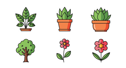Collection of colorful cartoon plants flowers and trees in vector style