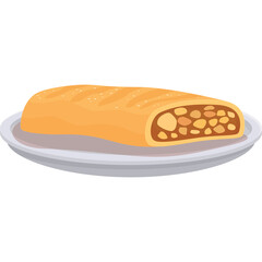 Golden Brown Strudel Pastry Filled With Apple Chunks Served on a White Ceramic Plate Isolated on a Transparent Background
